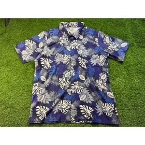 Mana Rugby Aloha Hawaiian Shirt XL Blue Floral Leaf Print Button Up Men